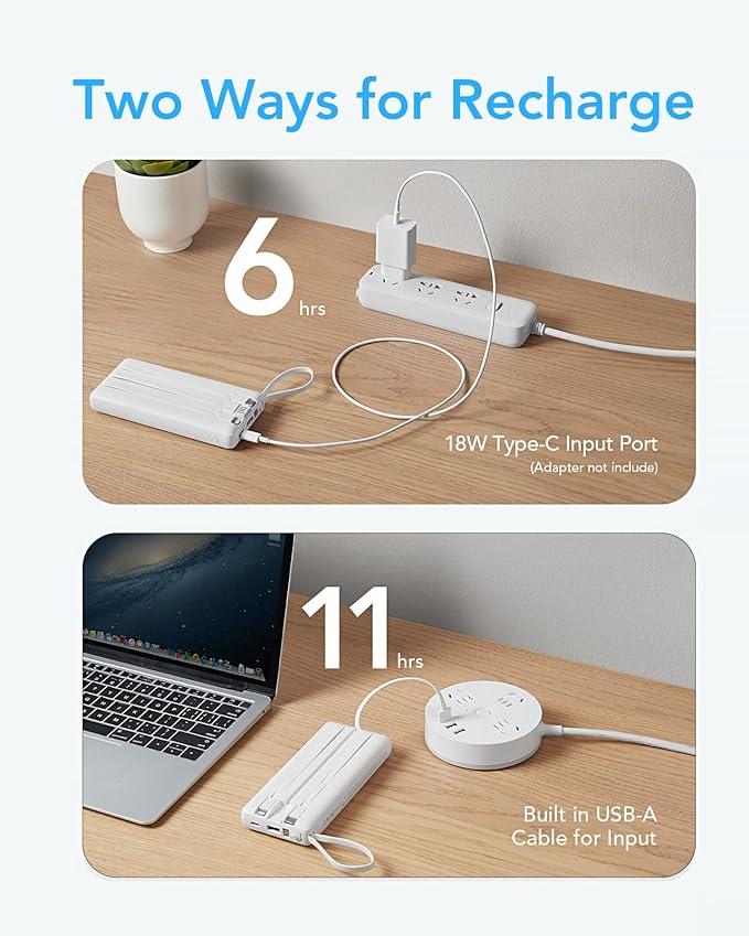 VRURC Portable Charger 20000mAh, Built-in Cables Fast Charging Power Bank, PD QC 3.0 Travel Essentials Battery Pack, 4 Output & 2 Input Phone Charger for iPhone16 15 14 13 X, Samsung, Android