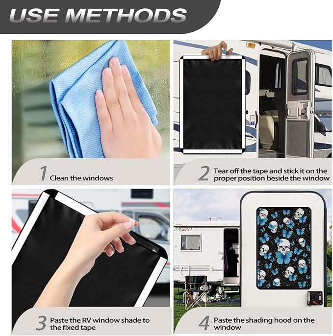 RV Door Window Shade Foldable Camper Trailer Blackout Window Door Protector, Blue Butterfly Skull UV Rays Protection Travel Trailer Accessories,Waterproof 300D Fabric