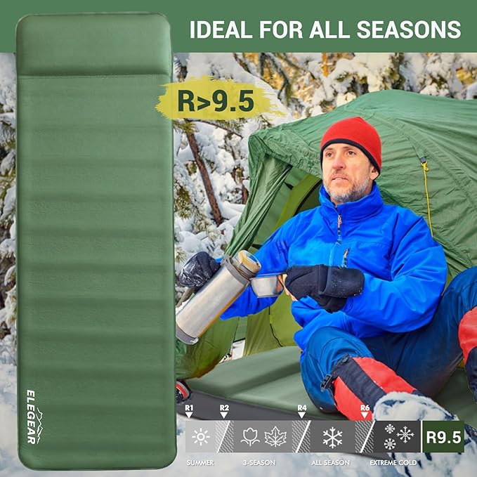 Elegear CumbreX™ Air & Foam Self Inflating Sleeping Pad, Built-in Electric Pump 4" Ultra-Thick Memory Foam Camping Mattress with Pillow Camping Pad 4-Season R-value 9.5 Camp Mat for Traveling - Single
