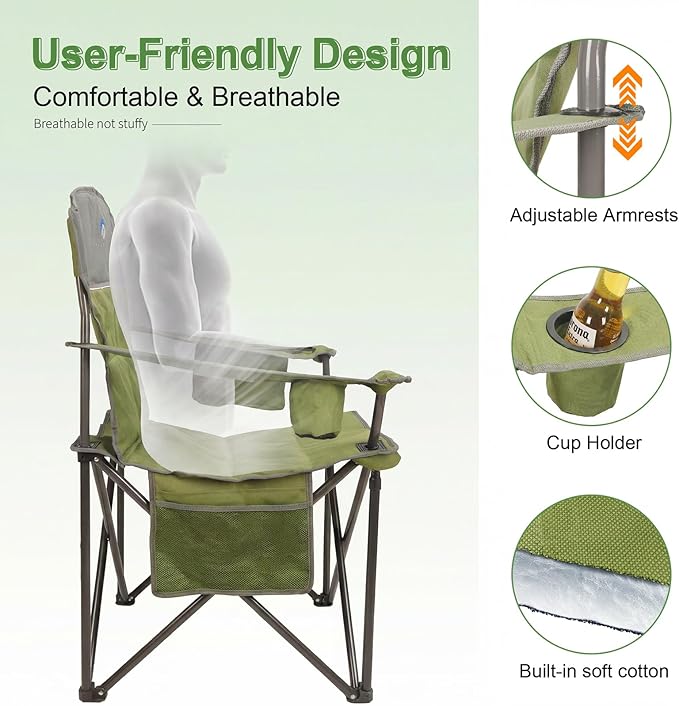 Oversized Camping Chairs 2 Pack - Heavy Duty 400LBS Padded Lawn Chair with Cooler Bag,Cup Holder,Side Pocket,Collapsible for Outdoor,Camp,Fishing & Garden,Olive Green