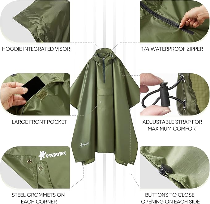 PTEROMY 3-in-1 Hooded Rain Poncho for Adult with Pocket, Waterproof Lightweight Unisex Raincoat for Hiking Camping Emergency