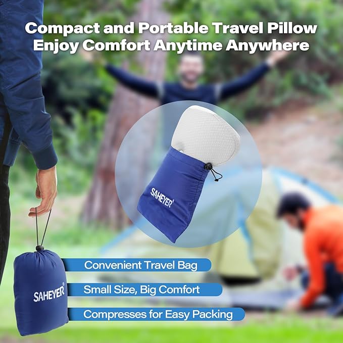 SAHEYER Memory Foam Camping Pillow, Travel Pillows for Sleeping, Cervical Neck Support Camping Gear Accessories - Small Pillow Travel Essentials for Sleep, Backpack, Hammock, 11.81x9.84x3.94 in, Gray