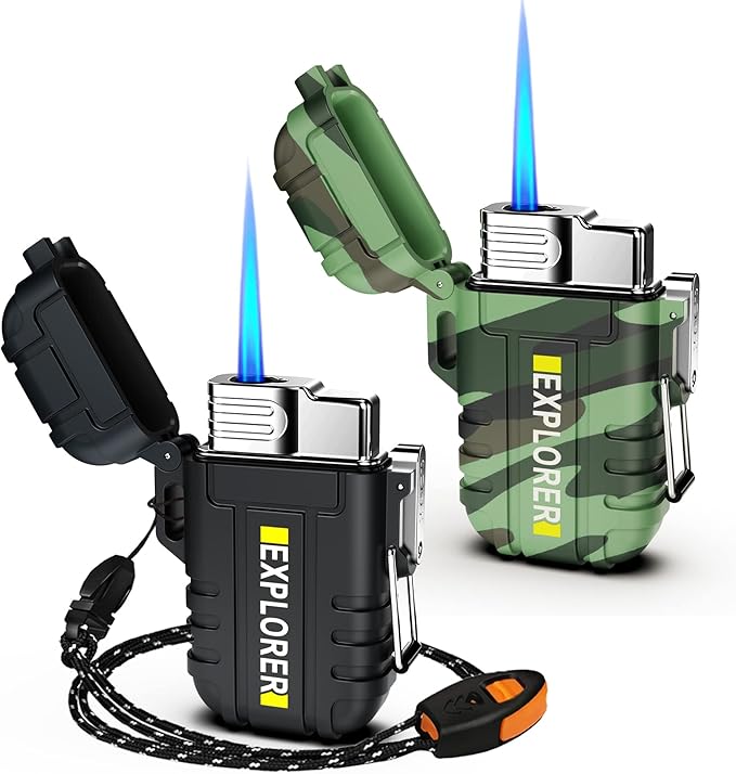 Torch 2 Pack Windproof Outdoor Gas Lighter - Adjustable Jet Flame, Fireplace, Fireworks, Grill, Camping, BBQ Lighter - Gifts for Men (Black+Camo) (Without Butane)