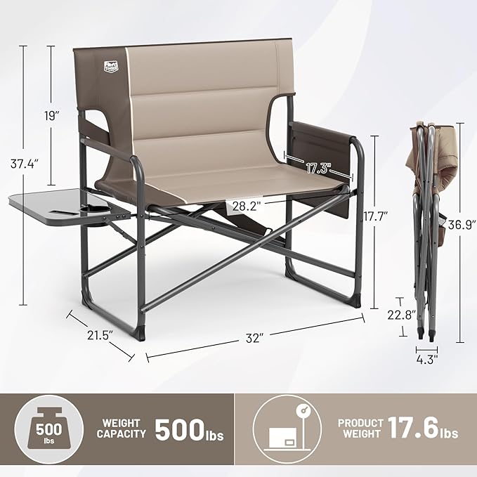 Timber Ridge XXL Director’s Chair – Heavy Duty Folding Camping Chair for Adults, 500lb Capacity, Extra Wide Padded Seat for Camping, Sports, Lawn, Courtyard, and Outdoor Use, Tan