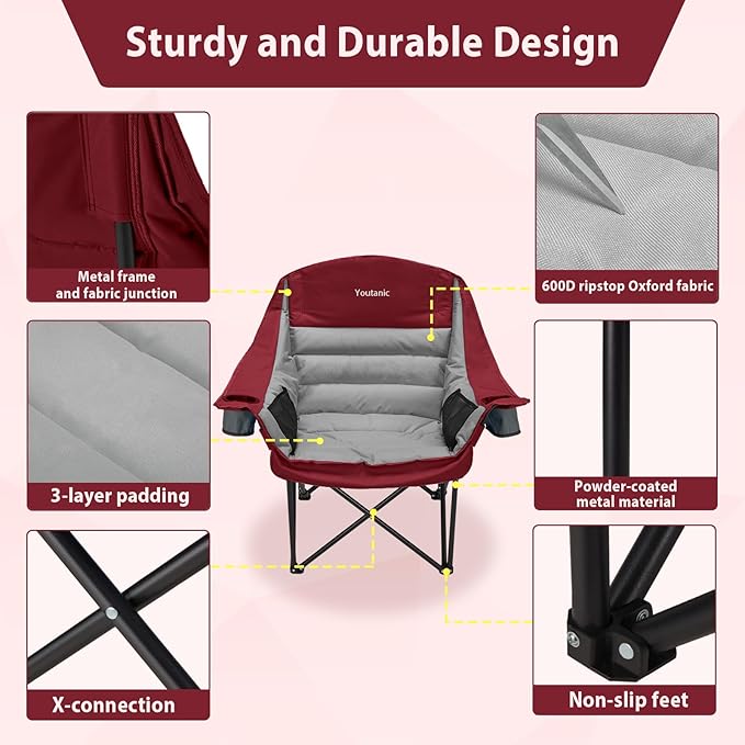 Youtanic Oversized Camping Chair, Portable Folding Camping Chairs with Side Pocket, Cup Holder and Carry Bag, Heavy Duty Outdoor Camping Chairs for Adults, Fishing, Sports, Trip, up to 400lbs, Style 3