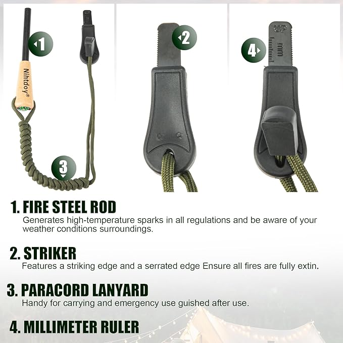 Ferro Rod Fire Starter Kit – Carbon Steel Striker & Compass-Integrated Hardwood Handle | Flint and Steel Survival Tool for Camping, Hiking, Bushcraft & Emergency
