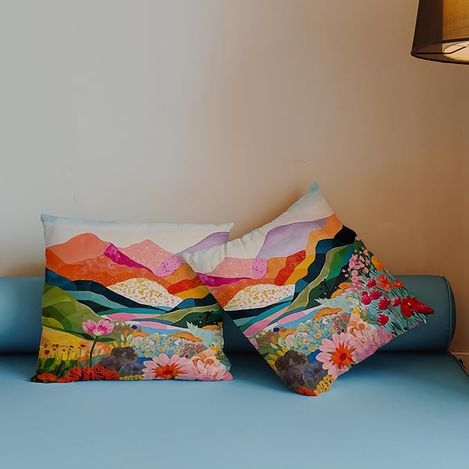 Abstract Mountain Pillow Covers for Women 18x18 Set of 2, Watercolor Landscape Throw Pillow Cases Decorative for Home Bedroom Living Room Office Decor