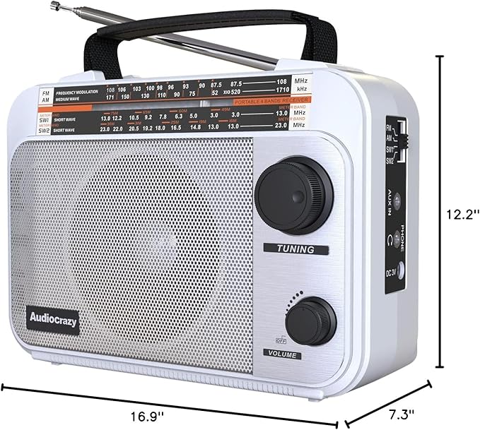 AM/FM/SW1-2 Radio Shortwave Transistor Radio AC or Battery Operated with Best Reception Big Speaker and Precise Tuning Knob with AUX in & 3.5mm Earphone Jack