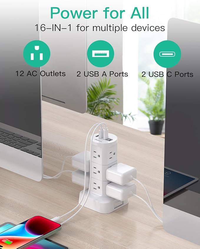 PD20W Power Strip Tower, Charging Station Desk Accessories, Flat Plug, 12 Outlets 4 USB Ports, 1080J Surge Protection, 6Ft Extension Cord with Multiple Outlets, Office Supplies, Dorm Room Essentials