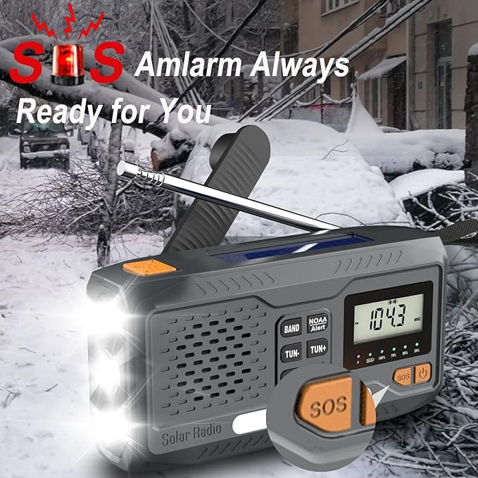 7400mWh Solar Hand Crank Emergency Weather Radio, NOAA AM FM Portable Radio with Flashlight, SOS Alarm, Digital Display & Phone Charger for Hurricane, Survival, Camping & Outdoor Emergencies