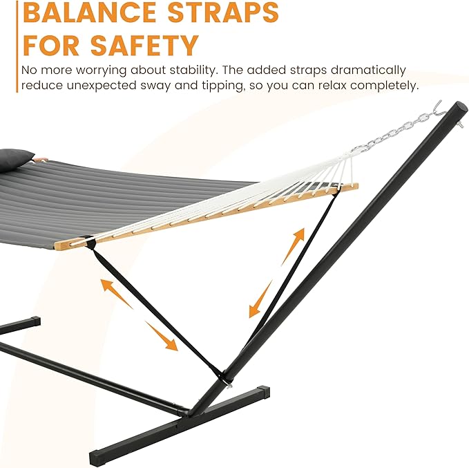 Lazy Daze Hammocks 2 Person Hammock with 12FT Stand for Outside, Quilted Double Hammock with Detachable Pillow, Balance Strap & Carrying Bag Included, 450lbs Capacity, Easy Tool-Free Assembly, Grey