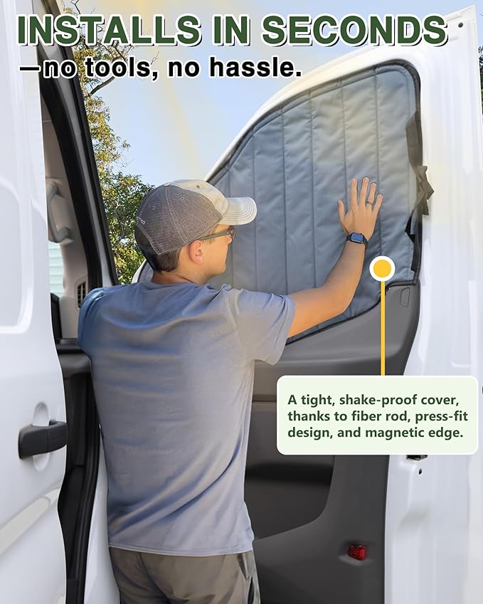 Insulated Blackout Van Window Covers Fit for Ford Transit 150 250 350 High/Medium Roof 2015-2025, Magnetic Van Front Door Side Window Shades (Pair) - Gray