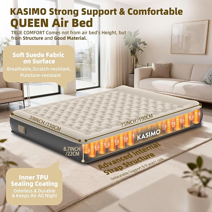 KASIMO Air Mattress Queen with Built-in Battery Powered Removable Pump, TPU Blow Up Mattress with Pillow, Strong Support All Night, No Lost Air,Compact Inflatable Air Bed for Home Guests Camping