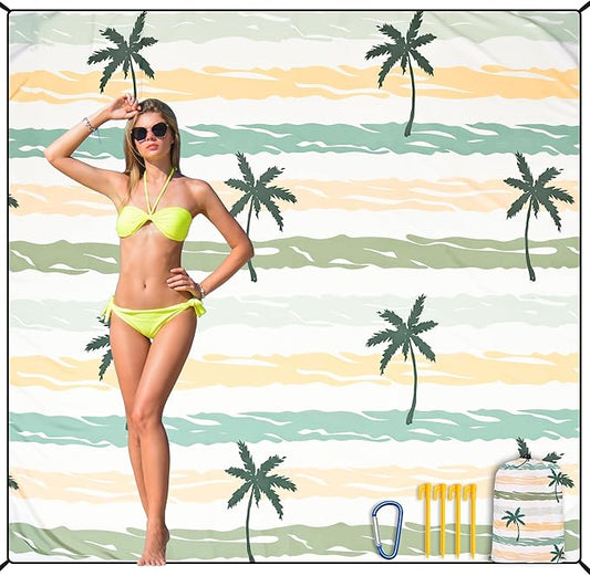 HIHOHO Beach Blanket Waterproof Sandproof Beach Mat 79”x 83” for 1-8 Adults Quick Drying Durable Outdoor Picnic Mat for Beach Festival Travel Camping Hiking (Stripes Cocotree-YL&GN, 79"×83"(4 Person))