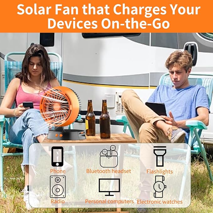 Portable Solar Fan - 10000mAh Big Battery, Compact & Lightweight, Solar-Powered, 4 Speeds & LED Light for Camping, Hiking & Emergencies!