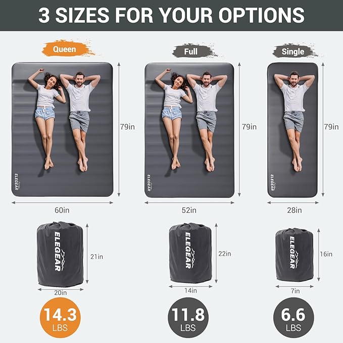 Elegear CumbreX™ Air & Foam Self Inflating Sleeping Pad, Built-in Electric Pump 4" Ultra-Thick Memory Foam Camping Mattress with Pillow Double Camping Pad 4-Season R-Value 9.5 Camp Mat - Gueen Grey