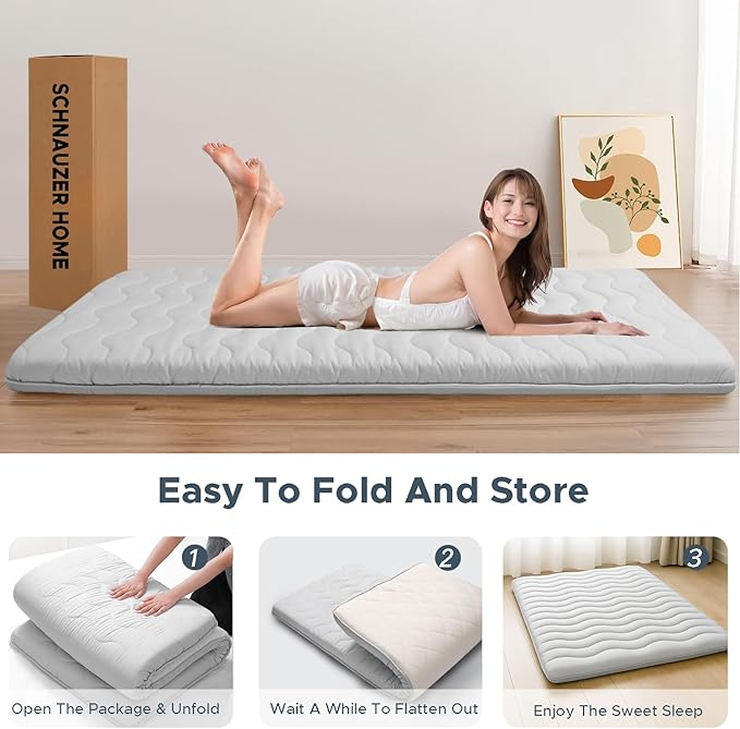 SCHNAUZER HOME Japanese Floor Mattress, 100% High Density Comfortable Foam, Foldable Tatami Mat Sleeping Pad, Ideal for Comfort and Support, Kids Floor Lounger Bed Sofa, Light Grey, Twin