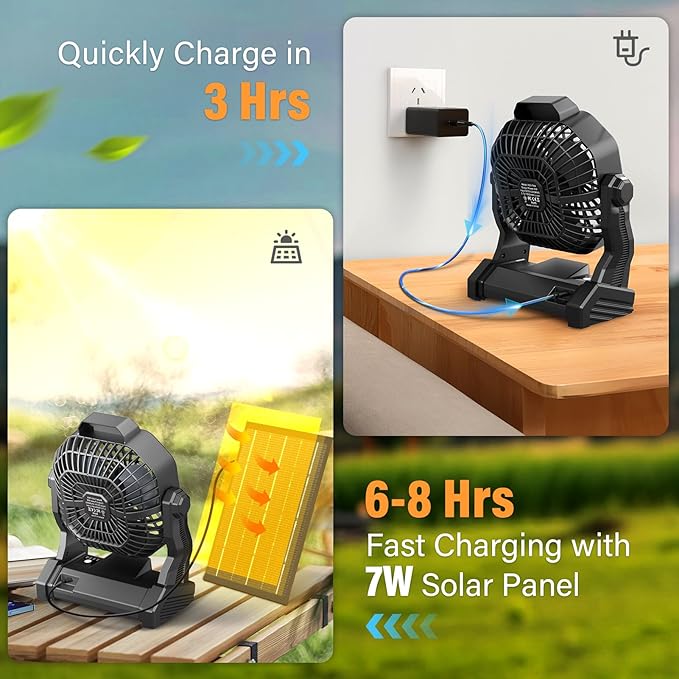 JINLICTE 20000mAh Solar Fan with LED Lantern, Camping Fan with 7W Solar Panel, Rechargeable Powered for Outside, Quiet Battery Operated Tent Fan for Picnic, Barbecue, Fishing, Travel