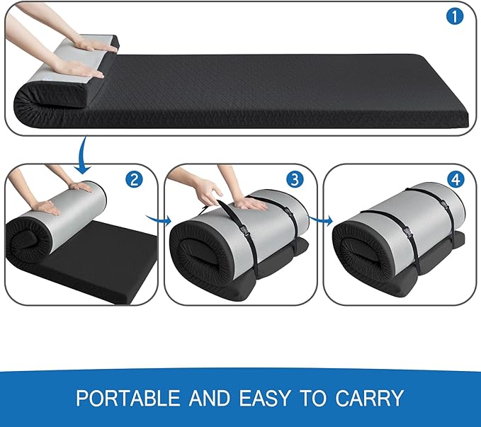 Memory Foam Camping Mattress Pad 3 Inch Thick, Portable Sleeping Pad with Waterproof Cover, Portable Roll Up Cot Mattress Pad Floor Mat for Travel Truck Bed Tent 72" x 24"x 3"