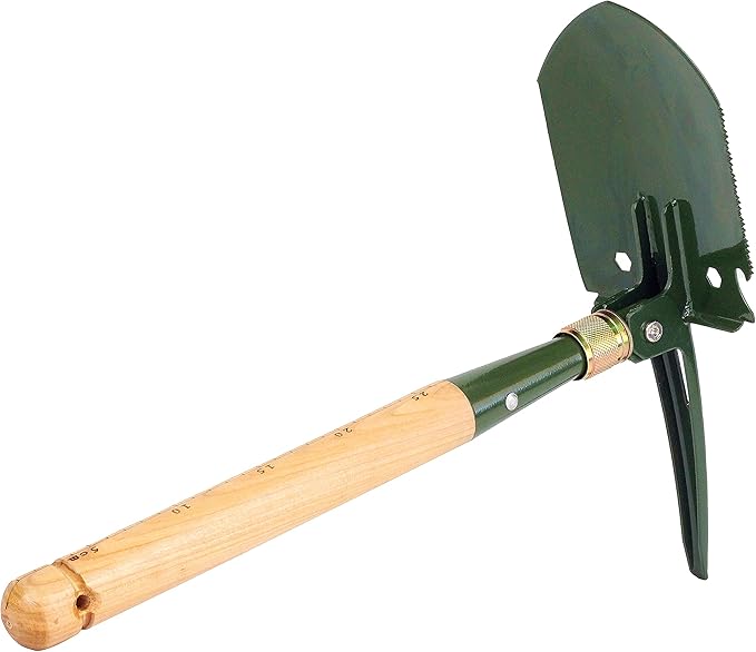 MASTIFF GEARS Folding Survival Shovel - Wooden Handle, Heavy Duty Carbon Steel Military Entrenching Tool for Camping, Off Road, Beach & All-Terrain Digging (Classic w/Pick)