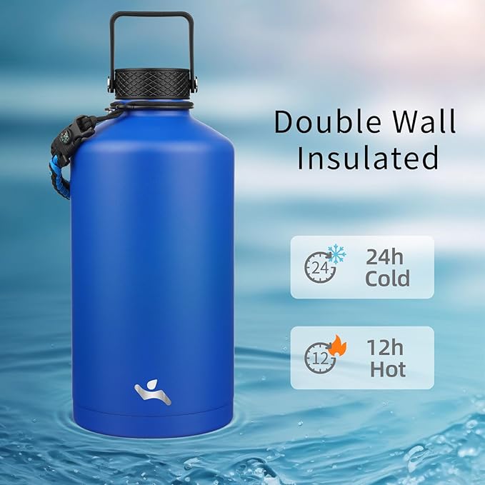 Konokyo Gallon Insulated Water Bottle with Straw,128 oz 3 Lids Water Jug with Carrying Bag,Paracord Handle, Double Wall Vacuum Stainless Steel Metal Flask,Blue
