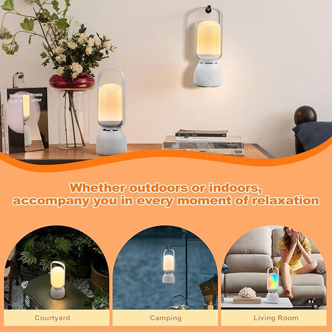 JackonLux Camping Lantern with Speaker, Portable Rechargeable Outdoor Lantern, 11 Mode RGB Color Dimmable LED Night Light for Camping, Home, Party and Hiking (1, White)