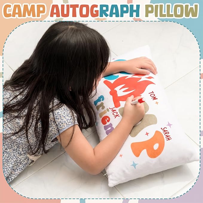Beeveer Camp Friends Autograph Stuffed Pillow 15.7" Graduation Autograph Stuffed Pillow Summer Camp Signature Gifts Grad Party Sign in Decor for Travel Stuff Essentials(Groovy)