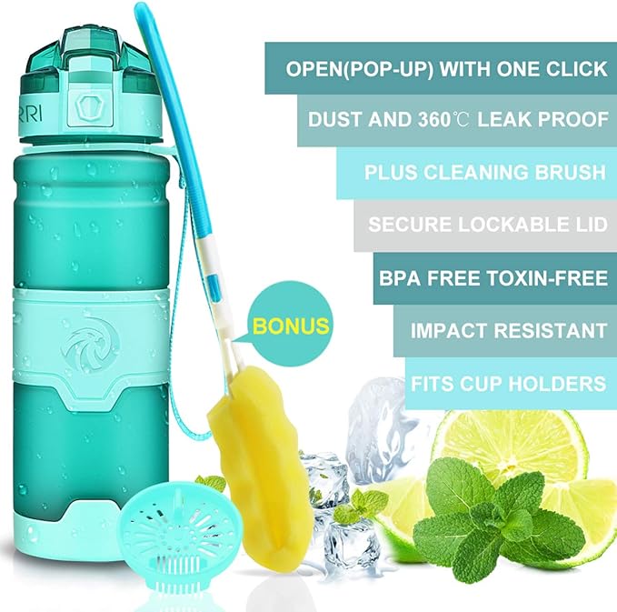 ZORRI Sports Water Bottle, 400/500/700ml/1L, BPA Free Leak Proof Tritan Lightweight Bottles for Outdoors,Camping,Cycling,Fitness,Gym,Yoga- Kids/Adults Drink Bottles with Filter, Lockable Pop Open Lid