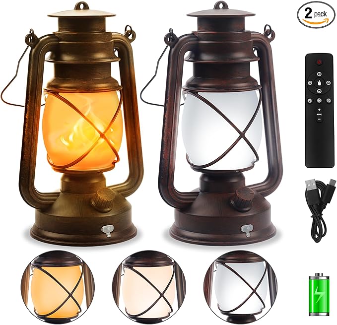 Wondrastical 2 Pack Bronze Vintage 4 Modes LED Lanterns，Rechargeable Flickering Flame Lights Decorative Outdoor&Indoor, Remote Control Waterproof Hanging Lantern for Camping,Patio Garden Pathway