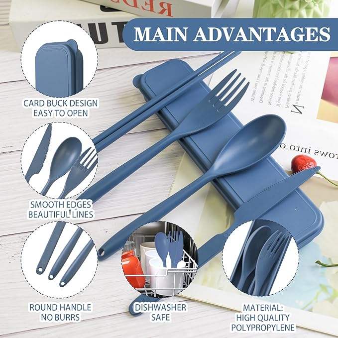 Large Reusable Travel Utensils Set with Case, Plastic Set for Adults Travel Picnic Camping, Portable Flatware Cutlery Set with Chopsticks for Daily Use(Dark Blue)
