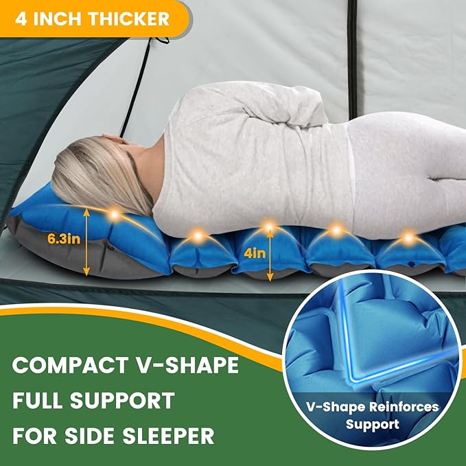 Double Sleeping Pad for Camping, 4in Extra-Thick with Built-in Foot Pump & Pillow, Compact 2 Person Ultralight Camp Air Mattress for Backpacking, Hiking, Tent, Car, Travel, Gift