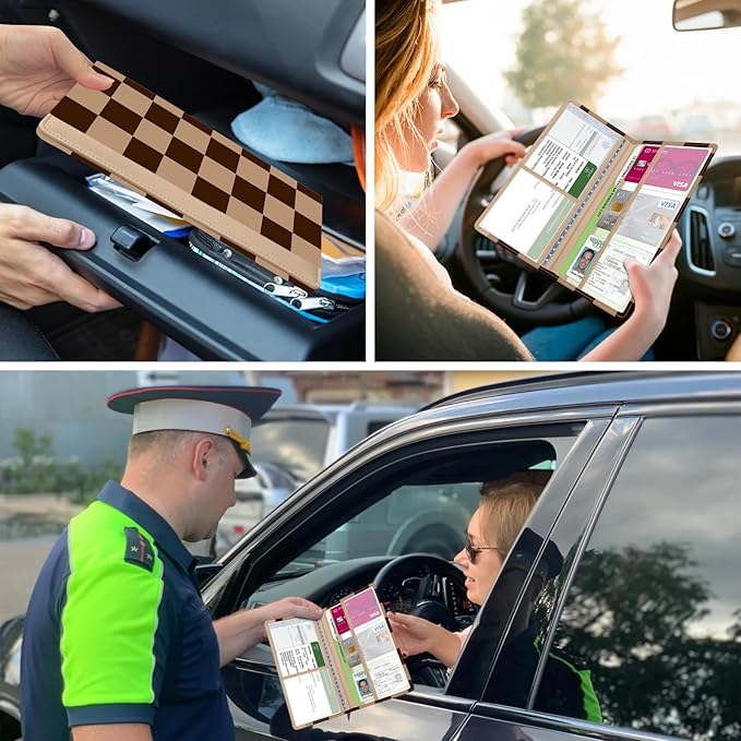 Car Registration and Insurance Holder, with Magnetic Closure for License, Cards and Documents, All Vehicle Needs and Car Accessories (Plaid-Brown)
