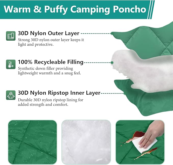Camping Outdoor Blanket, Ultralight Down Alternative Printed Travel Camp Blankets for Sleeping Packable Waterproof Puffy Quilt for Hammock Picnic Stadium Beach Cold Weather (Green Blanket Poncho)
