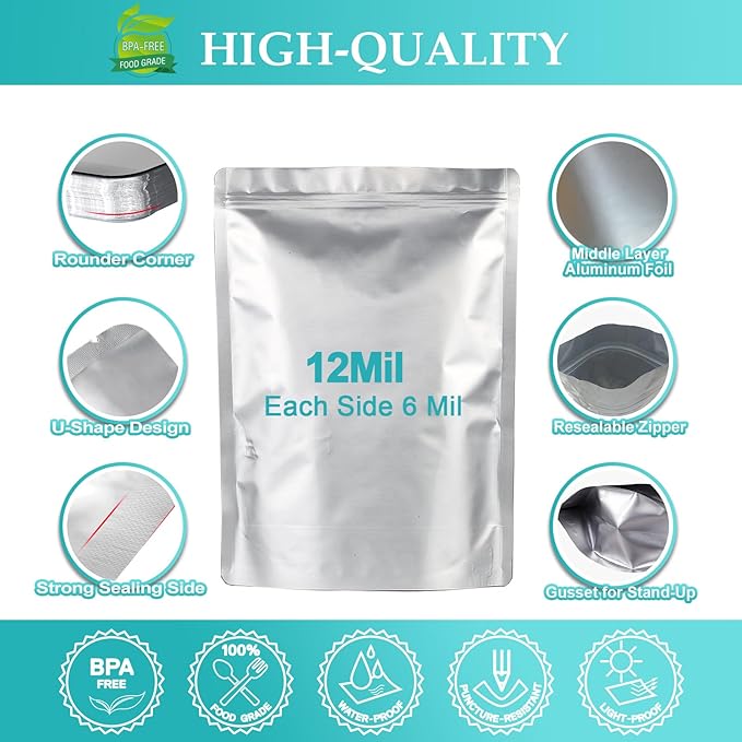 100pcs Mylar Bags for Food Storage with 150 Oxygen Absorbers & Labels, 10 Mil Thick 3 Sizes (1 Gallon, 1 Quart, 1/2 Pint) - Stand-Up, Resealable & Heat Sealable for Long Term Food Storage
