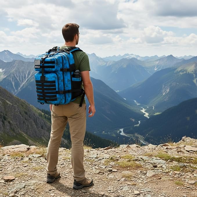 45L Military Tactical Backpack for Men & Women Bug Out Bag Assault pack Molle Daypack Hiking Trekking Rucksack (2.0 side pockets （blue tie dye）)