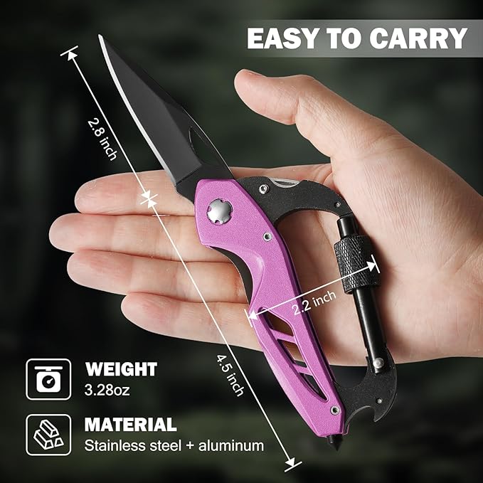 Pink Multitool Carabiner Knife for Women Men,Survival Gear for Camping Hiking，EDC Carabiners, 6-in-1 Multi Tools with Window Breaker, Bottle Opener and Screwdriver,Gifts for Women/Men (Pink)
