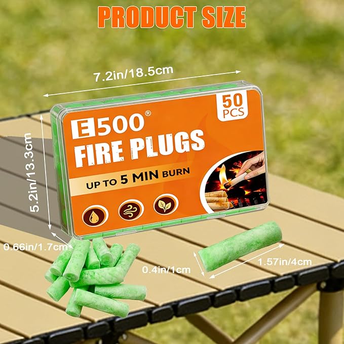 E500 Fire Plugs, 50 Pack All-Natural Fire Starters, Non-Toxic & Odor-Free, Long Burn Fire Starter for Camping, Fire Pits, BBQ & Emergency