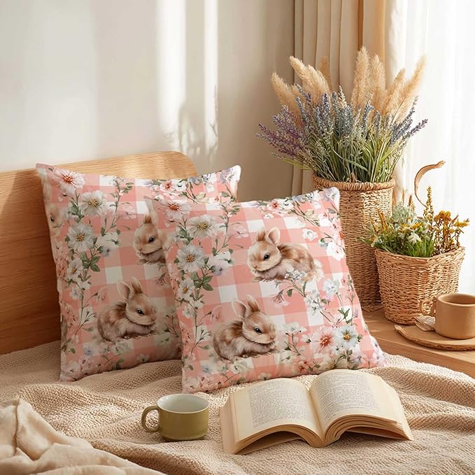 Bunny Throw Pillow Covers 18x18 Set of 2 | Pink Floral Rabbit Cushion Cases | Cute Easter Spring Gingham Decorative Pillow Covers for Couch Sofa Bedroom Girls Room