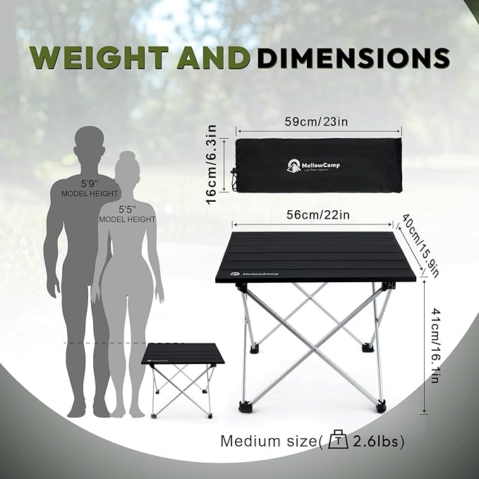 MellowCamp Camping Side Table, Ultralight Aluminum Folding Table, Small Compact Portable Ideal for Beach, Outdoor Cooking, Hiking, Camping, Picnics (Black,Medium)