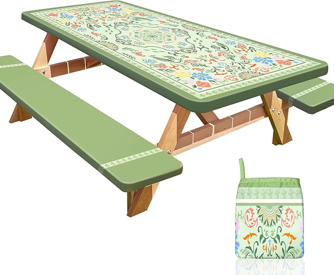 Picnic Table Cover with Bench Covers Portable Table Cloth Built-in Storage Pocket Fitted Tablecloth with Elastic Edges Waterproof Camping Essentials for Indoor Outdoor Rv,72in,DarkSeaGreen