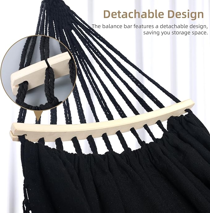 Portable Hammock, Hanging Hammock with Tassels and Fishtail Knitting, 320GSM Hanging Bed with Set Full Accessories for Outdoor Camping Patio Balcony Black