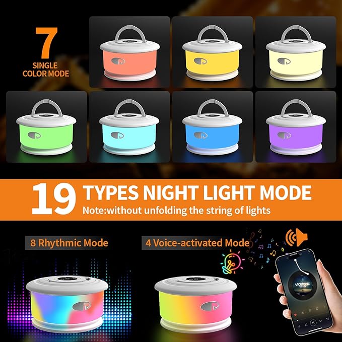 TOHETO 2-Pack Camping String Lights, 3 in 1 Upgraded Retractable RGB Outdoor String Lights with 19 Lighting Modes, Quick 30s Recovery, 32.8 FT Portable Tent Light, Rechargeable Camping Lantern (White)
