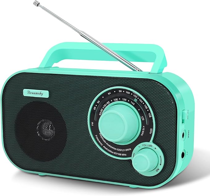 DreamSky AM FM Portable Radio Plug in Wall or Battery Operated for Home & Outdoor, Strong Reception, Large Dial Easy to Use, Transistor Antenna, Headphone Jack, Small Gifts for Seniors Elderly