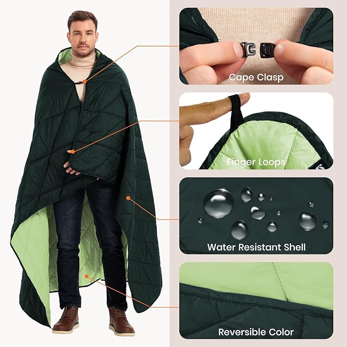 Ultralight Puffy Blanket, Outdoor Camping Blanket, Water-Resistant and Packable, Great for Camping, Stadium, Traveling, Backpacking, Picnic and Beach. 79"x55". Teal Green.