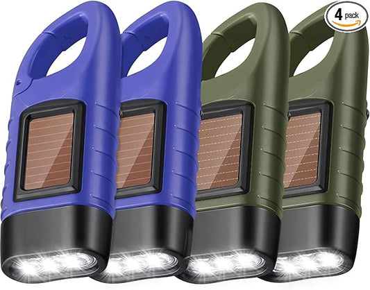 Mudder 4 Pack Hand Crank Solar Powered Flashlight Emergency Rechargeable Led Flashlight Survival Gear Self Powered Charging Torch for Hiking Backpack Camping Safety Emergency Pack(Green, Blue)