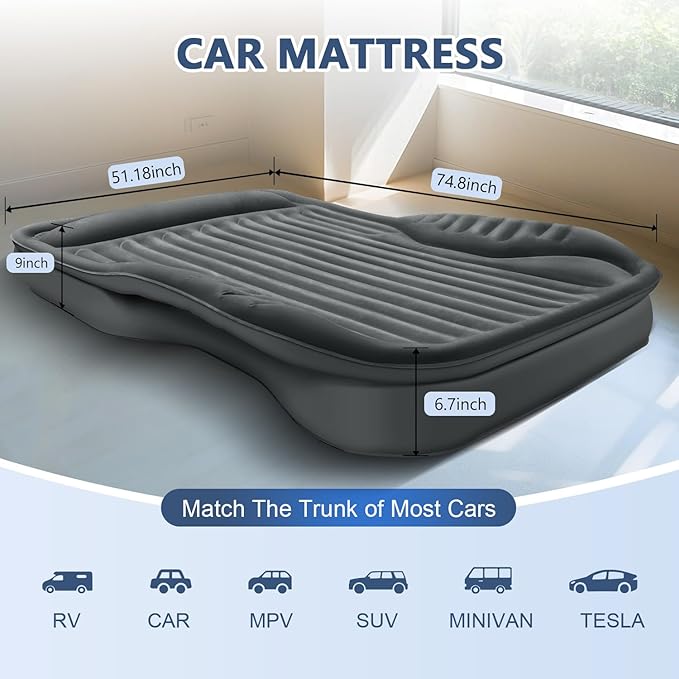 SUV Air Mattress with Built in Pump,Leakproof Comfortable Durable Car Air Mattress, Car Bed Mattress with Built-in Pillow,for SUV Minivan MPV Road Trip Inflatable Bed