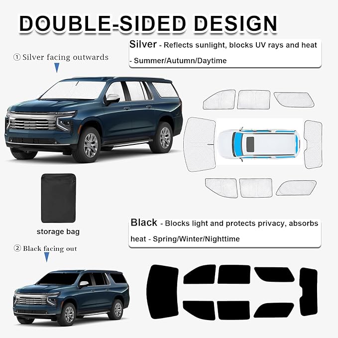 KMF 8pcs Thicken Sun Shades for Chevrolet Chevy Suburban 2021-2026 Accessories, Car Full Window Covers Sunshade for Windshield Side Rear, UV Block and Blackout Privacy for Camping Outdoor