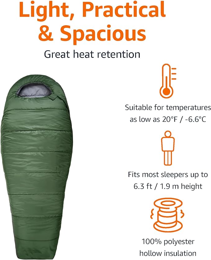 Amazon Basics 20°F Cold Weather Mummy Sleeping Bag for Hiking, Outdoor Camping with No-Snag Zipper, Portable, 82" x 33", Olive Green