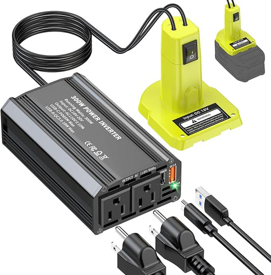 300W Power Inverter Compatible with Ryobi 18V Battery - DC 18V to AC 110V Battery Converter, Portable Power Station with PD 65W Type-C Fast Charging & 2 AC Outlet & 1 USB-A 18W Max