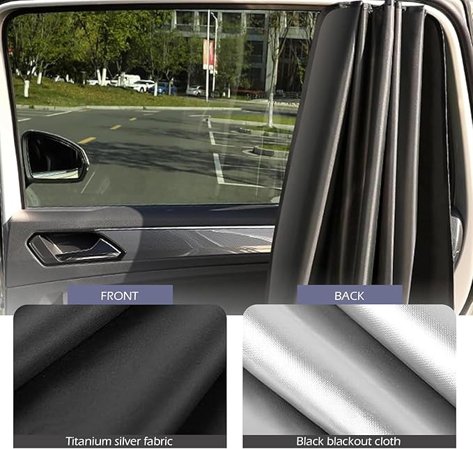 Shakas Side Window Sunshade, Blackout Titanium Silver Cloth Foldable Not Blocking Rearview Mirror View Front and Rear Side Window Glass Sunshade, Four Seasons Universal Accessory, for Cars (Black)